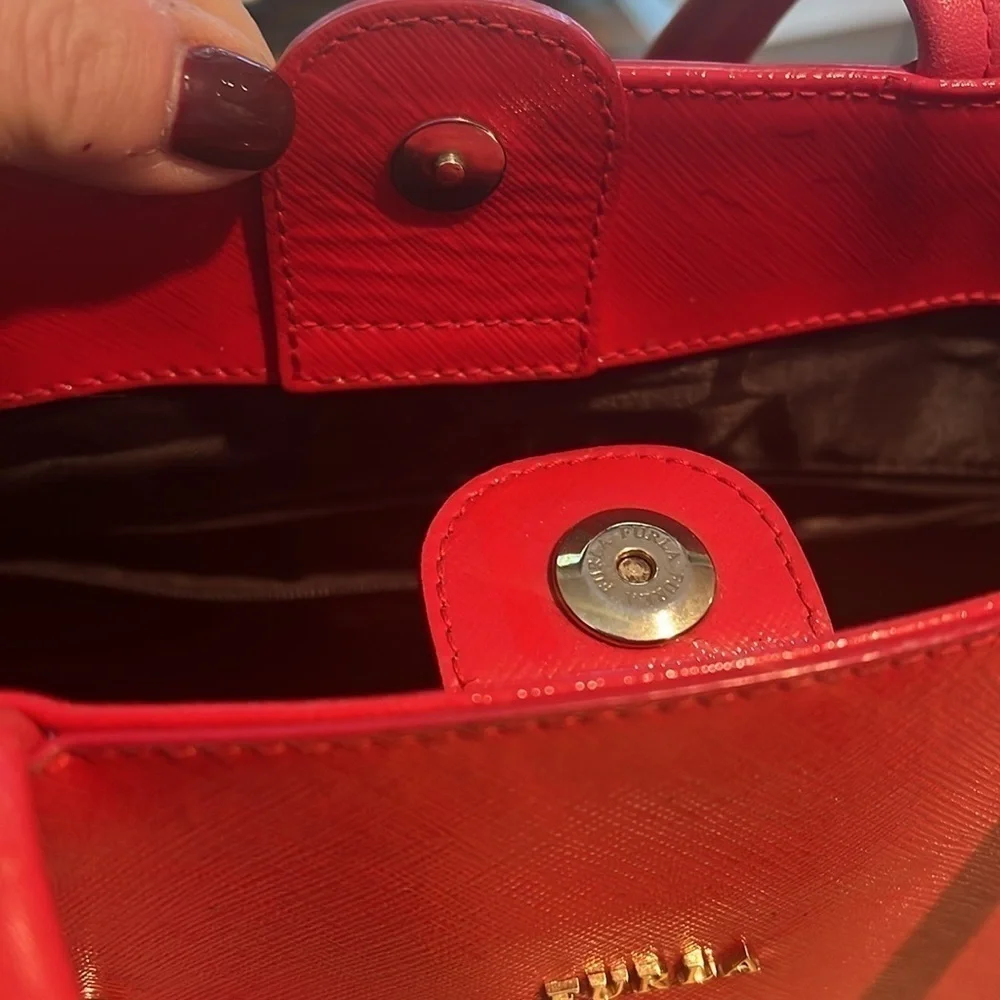 Furla Melissa Leather Tote Shoulder Bag Red White Gold